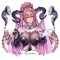 Rule 34 | 1girl, bare shoulders, breasts, brown eyes, commentary, cropped torso, fire emblem, fire emblem heroes, gloves, hand on own chest, large breasts, long hair, looking at viewer, meziosaur, nerthus (fire emblem), nerthuz (fire emblem), nintendo, parted lips, pink hair, simple background, solo, upper body, very long hair, white background, white gloves