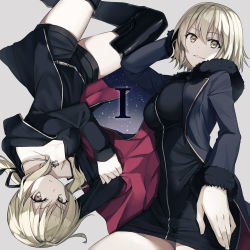 Rule 34 | 2girls, absurdres, arm behind head, artoria pendragon (all), artoria pendragon (fate), black camisole, black dress, black footwear, black jacket, black legwear, black shorts, blonde hair, boots, breasts, brown eyes, camisole, collarbone, commentary request, dress, fate/apocrypha, fate/grand order, fate/stay night, fate (series), fumio (kanmi), fur-trimmed jacket, fur-trimmed sleeves, fur trim, hair between eyes, highres, jacket, jeanne d&#039;arc (fate), jeanne d&#039;arc alter (fate), jeanne d&#039;arc alter (ver. shinjuku 1999) (fate), jewelry, large breasts, long hair, long sleeves, looking at viewer, low twintails, medium breasts, multiple girls, necklace, official alternate costume, parted lips, saber alter, saber alter (ver. shinjuku 1999) (fate), short shorts, shorts, smile, strap slip, thigh boots, thighhighs, twintails, upside-down, wicked dragon witch ver. shinjuku 1999
