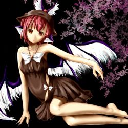 Rule 34 | 1girl, adapted costume, animal ears, arm support, bad id, bad pixiv id, bare shoulders, barefoot, dress, dress shirt, earrings, female focus, fingernails, giwa, hat, jewelry, legs, long fingernails, looking at viewer, mystia lorelei, outstretched arm, pink hair, red eyes, shirt, short dress, short hair, sitting, sleeveless, solo, touhou, wings