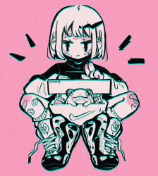 Rule 34 | 1girl, bandaid, bandaid on knee, bandaid on leg, crisalys, expressionless, frog, heart sticker, highres, layered sleeves, limited palette, long sleeves, looking at viewer, no nose, original, pink background, shoes, short over long sleeves, short sleeves, simple background, sneakers, solo, sticker
