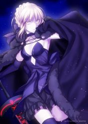 Rule 34 | 1girl, artoria pendragon (all), artoria pendragon (fate), black thighhighs, blonde hair, dark persona, excalibur (fate/stay night), excalibur morgan (fate), fate/stay night, fate (series), gothic lolita, lolita fashion, looking at viewer, nina (pastime), saber (fate), saber alter, sword, thighhighs, weapon, yellow eyes
