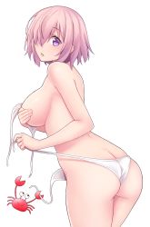 Rule 34 | 1girl, ass, back, bikini, blush, breasts, butt crack, covering nipples, covering privates, crab, fate/grand order, fate (series), hair over one eye, highres, hip focus, large breasts, light purple hair, looking at viewer, looking back, mash kyrielight, purple eyes, sano jinya, short hair, sideboob, simple background, solo, swimsuit, thighs, untied bikini, white background, white bikini