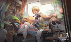 Rule 34 | 1girl, absurdres, ahoge, alternate costume, apron, azaz008, azur lane, bird, blonde hair, cannon, chick, couch, crossed legs, enmaided, flower, fortissimo, frilled apron, frills, garter straps, hair ornament, highres, huge ahoge, maid, maid headdress, manjuu (azur lane), musical note, musical note hair ornament, official alternate costume, one eye closed, phonograph, plant, potted plant, rigging, short hair, sitting, southampton (afternoon impromptu) (azur lane), southampton (azur lane), thighhighs, white garter straps, white thighhighs, wrist cuffs, x hair ornament, yellow eyes