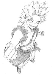 Rule 34 | 1boy, abs, bare shoulders, boku no hero academia, boots, clenched hands, eyebrows, from above, full body, greyscale, highres, horikoshi kouhei, horns, kirishima eijirou, looking at viewer, monochrome, official art, pale skin, pectorals, pectorals, scar, scar across eye, scar on face, sharp teeth, short hair, simple background, smile, spiked hair, teeth, topless male, white background