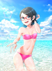 Rule 34 | 1girl, :d, artist request, bad id, bad pixiv id, bikini, black eyes, black hair, blue sky, boruto: naruto next generations, breasts, cleavage, cloud, collarbone, contrapposto, cowboy shot, day, glasses, hand in own hair, highres, lens flare, looking at viewer, naruto, naruto (series), navel, ocean, onene, open mouth, outdoors, parted bangs, pink bikini, red-framed eyewear, short hair, sky, small breasts, smile, solo, standing, strapless, strapless bikini, sunlight, swimsuit, uchiha sarada, wading