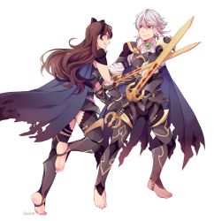 Rule 34 | 1boy, 1girl, alternate hair color, armor, barefoot, black armor, black gloves, bow, brown eyes, brown hair, cape, corrin (female) (fire emblem), corrin (female) (nohr noble) (fire emblem), corrin (fire emblem), corrin (male) (fire emblem), dual persona, fighting, fire emblem, fire emblem fates, gloves, hairband, nintendo, open mouth, red eyes, smile, soles, suikka, sword, thighhighs, thighs, toes, torn cape, torn clothes, weapon, white hair, yato (fire emblem)