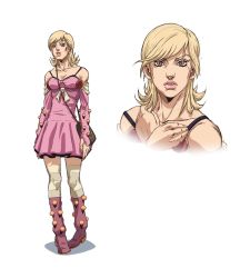 Rule 34 | 1girl, araki hirohiko (style), bag, bare shoulders, blonde hair, boots, bow, breasts, brown eyes, dress, grandguerrilla, grey thighhighs, highres, jojo no kimyou na bouken, looking at viewer, lucy steel, medium breasts, medium hair, official style, parted lips, pink dress, pink footwear, shoulder bag, simple background, solo, steel ball run, striped clothes, striped thighhighs, thighhighs, white background, white bow