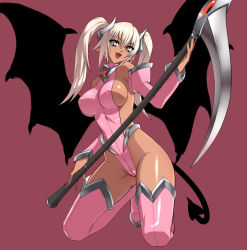 Rule 34 | 1girl, artist request, boots, breasts, covered erect nipples, dark-skinned female, dark skin, demon girl, demon tail, demon wings, detached sleeves, fang, grey eyes, horns, kneeling, large breasts, non-web source, open mouth, pink footwear, pink thighhighs, pointy ears, scythe, sideboob, simple background, slingshot swimsuit, smile, solo, source request, swimsuit, tail, thigh boots, thighhighs, twintails, weapon, white hair, wings