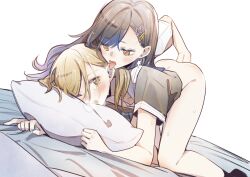 Rule 34 | absurdres, azusawa kohane, bed sheet, bedsheets, blonde hair, bottomless, crying, ear licking, female focus, fingering, highres, jingzhaowhale, licking, on bed, pillow, project sekai, shiraishi an, thighs, twintails, vaginal, yuri