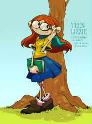 Rule 34 | 1girl, bilingual, blush, book, bracelet, character name, codename: kids next door, earrings, glasses, grass, jewelry, lizzie devine, long hair, mixed-language text, pinky out, red hair, scarf, skirt, smile, solo, standing, t k g, text focus, translation request, tree