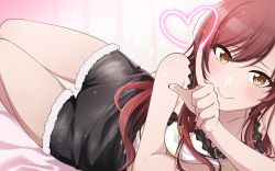 Rule 34 | 1girl, absurdres, bare shoulders, bed, black shorts, blush, breasts, brown hair, cleavage, closed mouth, collarbone, hair between eyes, heart, highres, idolmaster, idolmaster shiny colors, jewelry, kougi hiroshi, long hair, looking at viewer, lying, medium breasts, nail polish, necklace, on bed, on side, osaki amana, pov across bed, red nails, shirt, shorts, sleeveless, smile, solo, swept bangs, thigh gap, white shirt, yellow eyes