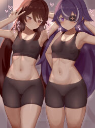 Rule 34 | 2girls, absurdres, alternate costume, arm behind back, arm up, averting eyes, bike shorts, black shorts, black sports bra, breasts, brown hair, cameltoe, chevreuse (genshin impact), cleft of venus, commentary request, covered erect nipples, eyepatch, flower-shaped pupils, genshin impact, hair between eyes, heart, highres, hu tao (genshin impact), long hair, looking at viewer, multiple girls, navel, nozora yuzu, puckered lips, purple eyes, purple hair, red eyes, shorts, small breasts, sports bra, sweat, symbol-shaped pupils, twintails, v