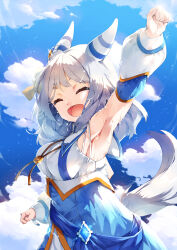 Rule 34 | 1girl, absurdres, animal ears, arm up, armpits, blue sky, breasts, closed eyes, clothing cutout, cloud, cloudy sky, detached sleeves, dress, ear covers, ear ornament, grey hair, highres, hishi miracle (umamusume), horse ears, horse girl, horse tail, jewelry, kyouko kasa, long sleeves, medium breasts, multicolored clothes, multicolored dress, necklace, open mouth, outdoors, sky, smile, solo, sweat, tail, tail through clothes, umamusume