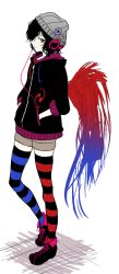 Rule 34 | 1girl, ankle boots, asymmetrical legwear, bad id, bad pixiv id, beanie, black hair, boots, casual, contemporary, full body, hands in pockets, hat, headphones, hood, hoodie, houjuu nue, kikugetsu, mismatched legwear, red eyes, short hair, shorts, single wing, solo, standing, striped clothes, striped thighhighs, thighhighs, tomoe (symbol), touhou, wings, zettai ryouiki