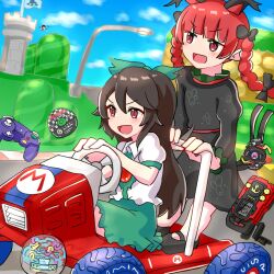 Rule 34 | 2girls,  double dash!!, animal ears, beyblade, black dress, black footwear, black hair, bow, braid, cat ears, cat girl, cat tail, commentary request, disc, dress, extra ears, game console, gamecube, gamecube controller, green bow, green skirt, hair bow, highres, kaenbyou rin, kappy745, long hair, mario (series), mario k, mario k double dash!!, mario kart, medium hair, multiple girls, multiple tails, nintendo, outdoors, red eyes, red hair, reiuji utsuho, shirt, side braids, skirt, tail, third eye, touhou, twin braids, two tails, v-shaped eyebrows, white shirt