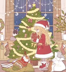 Rule 34 | 1girl, antlers, black cat, blanket, blonde hair, book, boots, box, brown cat, candle, cat, christmas, christmas lights, christmas ornaments, christmas stocking, christmas tree, commentary request, fake antlers, full body, fur-trimmed headwear, fur trim, gift, gift box, gloves, hat, highres, holly, horns, in sock, indoors, long hair, long sleeves, looking at animal, necono naco, night, night sky, original, plant, potted plant, profile, red footwear, red gloves, red hat, reindeer antlers, sack, santa costume, santa hat, sky, sleeping, solo, standing, star (sky), starry sky, sweatdrop, white cat, window
