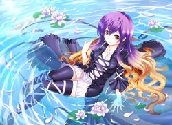 Rule 34 | 1girl, arm support, black thighhighs, blonde hair, boots, breasts, cleavage, dress, female focus, flower, from above, gradient hair, hijiri byakuren, large breasts, light smile, lily pad, long hair, miyuki rei, multicolored hair, pinky out, purple hair, ribbon, sitting, solo, submerged, thigh boots, thighhighs, touhou, very long hair, water, wet, wet clothes, yellow eyes, zettai ryouiki