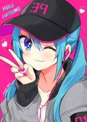 Rule 34 | 1girl, 39, artist name, baseball cap, blue eyes, blue hair, character name, earbuds, earphones, hat, hatsune miku, hazuki natsu, highres, jacket, long hair, nail polish, one eye closed, pink background, pink nails, solo, twintails, upper body, vocaloid