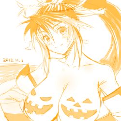 Rule 34 | 1girl, 2013, breasts, cleavage, closed mouth, dated, halloween, haruyama kazunori, jack-o&#039;-lantern, large breasts, long hair, looking at viewer, monochrome, nanbu kaguya, orange theme, ponytail, project x zone, simple background, smile, solo, super robot wars, super robot wars og saga mugen no frontier, white background