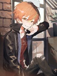 Rule 34 | 1boy, absurdres, blonde hair, commentary, earclip, earrings, hair between eyes, high collar, highres, jacket, jewelry, knee up, lingjiu yuki, long sleeves, male focus, multicolored hair, necklace, open clothes, open jacket, orange eyes, orange hair, plant, potted plant, project sekai, red shirt, ring, shinonome akito, shirt, short hair, sitting, solo, streaked hair, teeth, window