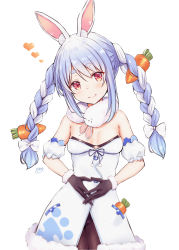 Rule 34 | 1girl, absurdres, animal ear fluff, animal ears, bare shoulders, black bra, black gloves, black leotard, blue hair, blue ribbon, blush, bow, bra, braid, breasts, carrot, carrot hair ornament, cleavage, closed mouth, commentary request, cowboy shot, detached sleeves, don-chan (usada pekora), food-themed hair ornament, fur trim, gloves, hair between eyes, hair bow, hair ornament, head tilt, heart, highres, hololive, interlocked fingers, leotard, long hair, looking at viewer, multicolored hair, pantyhose, pikao, pom pom (clothes), puffy short sleeves, puffy sleeves, rabbit ears, rabbit girl, ribbon, short sleeves, silver hair, simple background, small breasts, smile, solo, standing, twin braids, twintails, two-tone hair, underwear, usada pekora, usada pekora (1st costume), virtual youtuber, white background, white bow