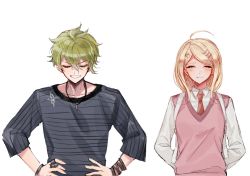 Rule 34 | 1boy, 1girl, ahoge, akamatsu kaede, amami rantaro, arms behind back, blonde hair, blush, closed eyes, collarbone, commentary request, danganronpa (series), danganronpa v3: killing harmony, facing viewer, fortissimo, green hair, grin, hair ornament, hands on own hips, jewelry, long sleeves, messy hair, musical note, musical note hair ornament, necklace, necktie, raonal97, shirt, short hair, simple background, smile, sweater vest, upper body, white background, white shirt