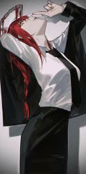 Rule 34 | 1girl, absurdres, black necktie, blouse, braid, braided ponytail, chainsaw man, formal, highres, kaneblob, looking at viewer, makima (chainsaw man), necktie, red hair, ringed eyes, shirt, simple background, smile, solo, standing, suit, white shirt, yellow eyes