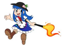 Rule 34 | 1930s (style), aimturein, apron, black hat, blouse, blue bow, blue hair, blue skirt, boots, bow, bowtie, brown footwear, buttons, cartoonized, cross-laced footwear, dress shirt, food, frills, fruit, hat, highres, hinanawi tenshi, leaf, long hair, neck ribbon, pac-man eyes, parody, peach, puffy short sleeves, puffy sleeves, rainbow order, red bow, red eyes, retro artstyle, ribbon, shirt, short sleeves, skirt, solo, style parody, sword of hisou, toon (style), touhou, transparent background, white shirt, wing collar