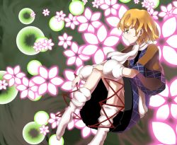 Rule 34 | 1girl, arm warmers, blonde hair, commentary request, danmaku, dress, expressionless, from side, gradient background, green eyes, hand on own knee, knees up, layered dress, leg warmers, looking down, looking to the side, mizuhashi parsee, no shoes, open mouth, parted lips, scarf, short hair, short sleeves, sideways mouth, solo, subterranean animism, sunnysideup, touhou, white legwear, white scarf, wide sleeves