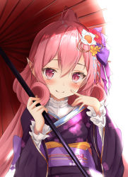 Rule 34 | 1girl, blush, commentary request, finger to cheek, flower, hair between eyes, hair flower, hair ornament, highres, holding, holding umbrella, japanese clothes, kimono, long hair, long sleeves, looking at viewer, neneka (new year) (princess connect!), neneka (princess connect!), obi, pink hair, pointy ears, princess connect!, purple kimono, red eyes, red umbrella, ringlets, rumiko (rmeco), sash, shirt, smile, solo, split mouth, umbrella, white background, white shirt, wide sleeves