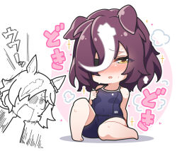 Rule 34 | 2girls, @ @, alternate costume, animal ears, bare shoulders, barefoot, blue one-piece swimsuit, blush, breasts, brown hair, chibi, clenched hand, commentary request, ear ornament, eyepatch, full-face blush, hair over one eye, horse ears, horse girl, horse tail, looking at viewer, medium breasts, multicolored hair, multiple girls, one-piece swimsuit, short hair, simple background, streaked hair, swimsuit, tail, tanino gimlet (umamusume), tracen swimsuit, translation request, umamusume, vodka (umamusume), warashi, white background, white hair, yellow eyes
