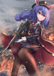 Rule 34 | 1girl, alternate costume, animal ears, black cape, black hat, black jacket, black pantyhose, black vest, blue hair, cape, closed mouth, collared shirt, commentary, feet out of frame, gloves, grey sky, gun, hat, highres, holding, holding gun, holding weapon, jacket, long sleeves, looking at viewer, low twintails, medium hair, military, military uniform, mizunisabano, necktie, outdoors, pantyhose, peaked cap, rabbit ears, rabbit girl, red eyes, red necktie, seiran (touhou), shirt, sky, touhou, twintails, uniform, vest, weapon, white gloves, white shirt