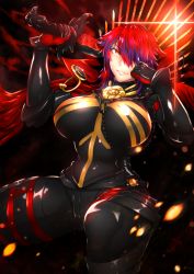 Rule 34 | 1girl, alternate costume, artist request, between breasts, bodysuit, breasts, cowboy shot, fate/grand order, fate (series), gold trim, hair over one eye, hand on own cheek, hand on own face, kantai collection, muscular, muscular female, narrow waist, oda nobunaga (fate), oda nobunaga (koha-ace), oda nobunaga (maou avenger) (fate), self-upload, solo, strap between breasts, sword, tagme, tenryuu (kancolle), thighs, weapon, wide hips