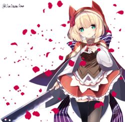 Rule 34 | 1girl, animal ears, animal hood, bad id, bad pixiv id, black thighhighs, blonde hair, blush, cape, cleaver, collared shirt, commentary request, dress shirt, flower, frilled skirt, frills, green eyes, grimms notes, hair between eyes, hair flower, hair ornament, hand on own chest, hand up, head tilt, holding, hood, hood up, little red riding hood (grimm), long sleeves, nanase nao, parted lips, petals, puffy long sleeves, puffy sleeves, red flower, red rose, red skirt, rose, rose petals, shirt, simple background, skirt, smile, solo, thighhighs, twitter username, underbust, white background, white cape, white shirt