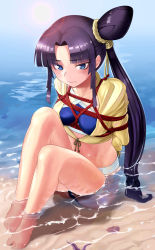 Rule 34 | 1girl, arms behind back, barefoot, bdsm, bikini, black hair, blue bikini, blue eyes, blush, bondage, bound, breasts, closed mouth, commentary request, cropped jacket, fate/grand order, fate (series), feet, highres, jacket, long hair, long sleeves, looking at viewer, ocean, parted bangs, rope, seashell, sharpffffff, shell, shibari, side ponytail, sitting, small breasts, solo, sun, swimsuit, ushiwakamaru (fate), ushiwakamaru (fate/grand order), ushiwakamaru (swimsuit assassin) (fate), wet, yellow jacket