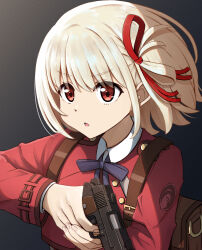Rule 34 | 1girl, :o, absurdres, backpack, bag, blonde hair, blue ribbon, closed mouth, collared shirt, commentary, dress, finger on trigger, gun, hair ribbon, handgun, highres, holding, holding gun, holding weapon, long sleeves, looking ahead, lycoris recoil, lycoris uniform, m1911, nishikigi chisato, parted lips, red dress, red eyes, red ribbon, ribbon, s&amp;w m&amp;p, shade, shirt, solo, torigon, upper body, weapon, white shirt