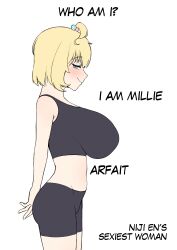 Rule 34 | 1girl, absurdres, ahoge, alternate breast size, arm behind back, bare arms, bare shoulders, bike shorts, black sports bra, blonde hair, blush, bob cut, breasts, cipher4109, english text, from side, green eyes, groin outline, highres, huge breasts, midriff, millie parfait, naughty face, nijisanji, nijisanji en, profile, short hair, simple background, solo, sports bra, virtual youtuber, white background