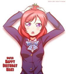 Rule 34 | 1girl, :o, artist name, blazer, blue jacket, blue ribbon, blush, commentary, cowboy shot, food, fruit, hanif1807, happy birthday, highres, holding, holding food, holding vegetable, jacket, looking at viewer, love live!, love live! school idol project, medium hair, neck ribbon, nishikino maki, on head, open mouth, purple eyes, red hair, ribbon, school uniform, shirt, simple background, solo, teeth, tomato, vegetable, white background, white shirt