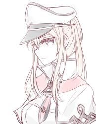 Rule 34 | 10s, 1girl, blonde hair, graf zeppelin (kancolle), hat, highres, kantai collection, kvlen, long hair, military, military uniform, monochrome, peaked cap, simple background, solo, twintails, uniform, white background