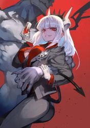 Rule 34 | 1girl, black pants, breasts, cup, demon girl, formal, gloves, grin, helltaker, highres, holding, horns, lack, large breasts, long hair, long sleeves, lucifer (helltaker), mole, mole under eye, open clothes, open shirt, pants, red background, red eyes, red shirt, shirt, simple background, smile, suit, tail, white gloves, white hair, white horns