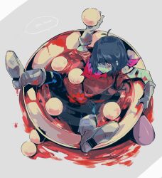 Rule 34 | 1other, androgynous, antenna hair, arm up, armor, ball, black bodysuit, blood, blood on face, blue hair, blue skin, bodysuit, bodysuit under clothes, breastplate, bruise, bruise on face, cape, clenched teeth, colored skin, cuts, deltarune, english text, from above, gauntlets, greaves, grey background, holding, holding ball, in bowl, in container, injury, kris (deltarune), legs apart, liquid, looking at viewer, lying, omomomizu, on back, one eye covered, other focus, partially submerged, pink cape, pink eyes, shaded face, short hair, simple background, solo, sweatdrop, teeth