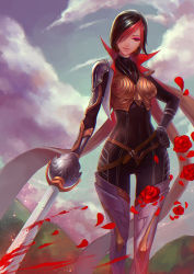 Rule 34 | 1girl, armor, bad id, bad pixiv id, belt, black hair, blood, bodysuit, boots, brown eyes, fiora (league of legends), flower, hair over one eye, hands on own hips, holding, holding weapon, league of legends, petals, rose, shengxie, short hair, smile, solo, sword, weapon