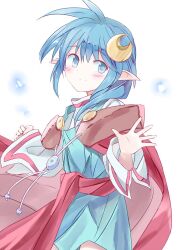 Rule 34 | 1girl, ahoge, blue eyes, blue hair, blue skirt, cape, closed mouth, crescent, crescent hair ornament, hair ornament, hayate (higan sakura), long sleeves, looking at viewer, pointy ears, red cape, rena lanford, shirt, short hair, simple background, skirt, smile, solo, standing, star ocean, star ocean ex, star ocean the second story, white background, white shirt