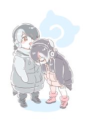 Rule 34 | 10s, 2girls, aged down, black hair, blush, boots, child, coat, commentary request, drawstring, emperor penguin (kemono friends), hair over one eye, hand on another&#039;s head, headphones, highres, hood, hood down, japari symbol, kemono friends, long sleeves, mitsumoto jouji, multicolored hair, multiple girls, penguin tail, pink hair, red hair, royal penguin (kemono friends), short hair, tail, thighhighs, white hair