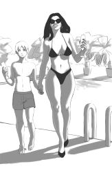 Rule 34 | 1boy, 1girl, absurdres, age difference, artist request, bikini, breasts, cup, drinking glass, high heels, highres, holding hands, large breasts, male swimwear, monochrome, outdoors, pool, shorts, smile, sunglasses, swim trunks, swimsuit, tagme, wine glass