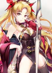 Rule 34 | 119, 1girl, bare shoulders, black thighhighs, blonde hair, breasts, cleavage, crown, ereshkigal (fate), fate/grand order, fate (series), highres, holding, holding weapon, long hair, looking at viewer, medium breasts, parted lips, red eyes, single thighhigh, sleeveless, solo, thighhighs, tohsaka rin, two side up, weapon