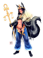 Rule 34 | 1girl, absurdres, animal ears, animal hands, ankh, anubis (monster girl encyclopedia), balance scale, black hair, black panties, blunt bangs, book, breasts, claws, crotch cutout, dark-skinned female, dark skin, dog ears, egyptian, eudetenis, floating, floating book, floating object, glowing, gold, harem outfit, harem pants, highres, jewelry, long hair, magic, monster girl, monster girl encyclopedia, monster girl saga, navel, open book, panties, pants, red eyes, revealing clothes, shoshanah, signature, small breasts, solo, staff, tail, tail raised, tiara, underwear, very long hair, weighing scale