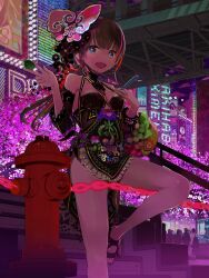 Rule 34 | 1girl, bare legs, bare shoulders, basket, blue eyes, breasts, brown hair, building, chain, commentary request, detached sleeves, dress, food, fruit, highres, long hair, looking at viewer, medium breasts, microdress, night, okama, open mouth, original, ponytail, sandals, solo, thighs
