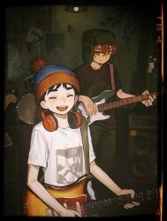 Rule 34 | 2boys, beanie, black hair, black shirt, chun baii, closed eyes, closed mouth, commentary, drum, drum set, green eyes, green headwear, hat, headphones, headphones around neck, highres, holding, holding instrument, indoors, instrument, kyle broflovski, male focus, multiple boys, music, open mouth, orange hair, pants, playing instrument, pom pom (clothes), shirt, short sleeves, south park, speaker, stan marsh, symbol-only commentary, t-shirt, white shirt