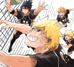 Rule 34 | 4boys, azebra-was-here, ball, black hair, blonde hair, crossover, elbow pads, facial mark, grin, haikyuu!!, hinata shouyou, knee pads, looking at object, male focus, multiple boys, naruto, naruto (series), open mouth, orange hair, playing sports, signature, smile, spiked hair, sportswear, sweat, uchiha sasuke, uzumaki naruto, volleyball, volleyball (object), volleyball net, volleyball uniform, whisker markings